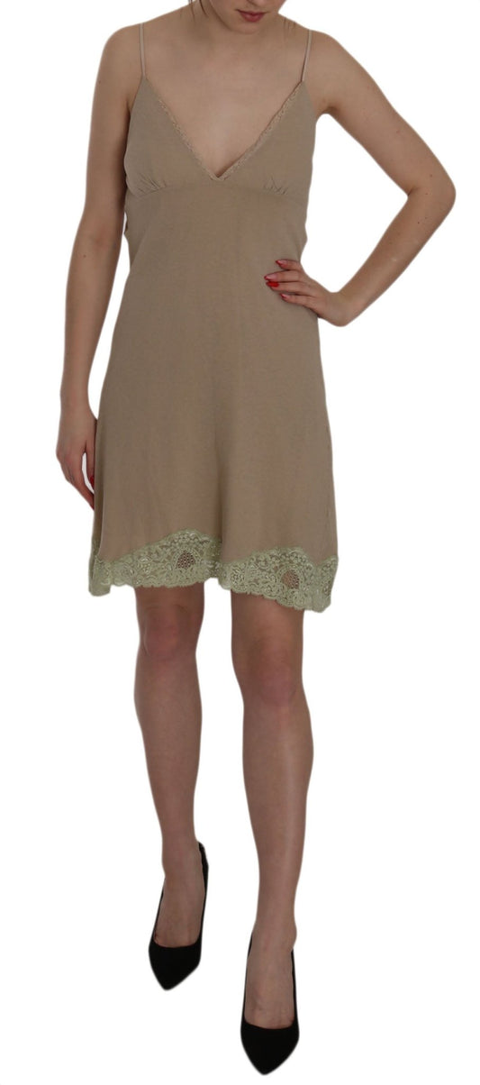 Beige Lace Spaghetti Strap Mini Cotton Dress - coffeewithmee2PINK MEMORIESP2523S