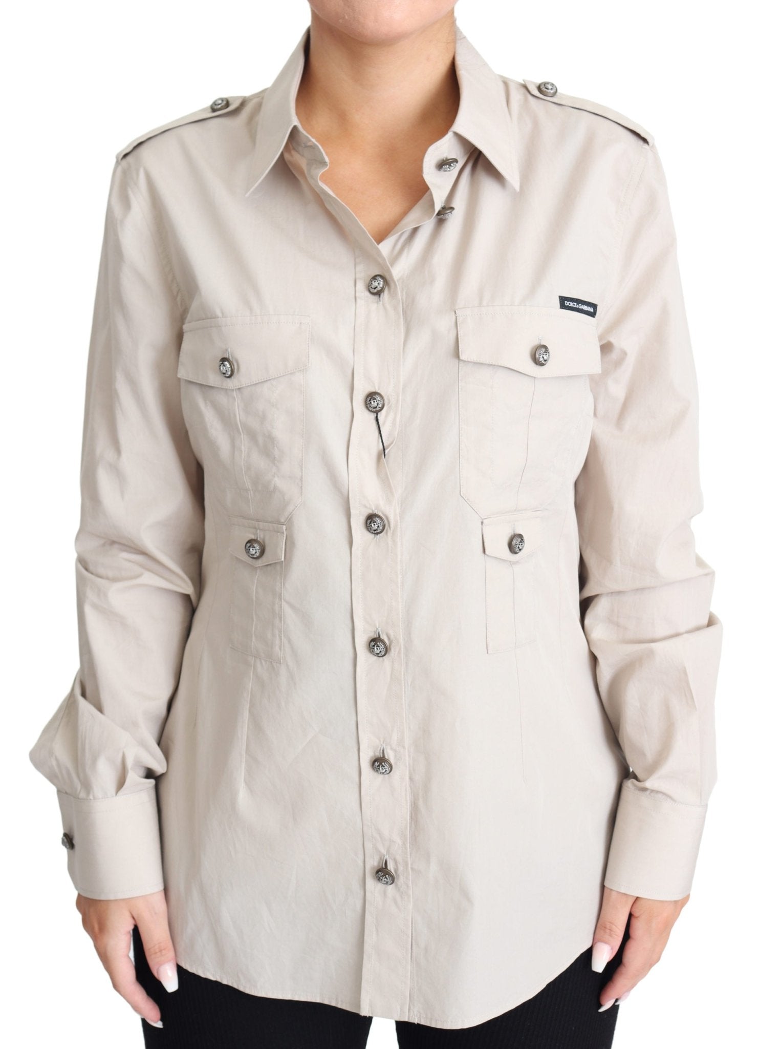 Beige Poplin Safari Fitted Pocket Shirt Top - coffeewithmee2Dolce & GabbanaP3873S