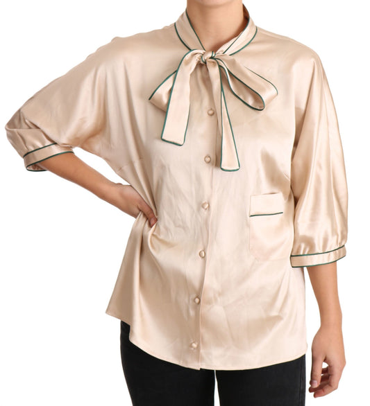 Beige Ribbon Silk Stretch Top Blouse - coffeewithmee2Dolce & GabbanaP2344S