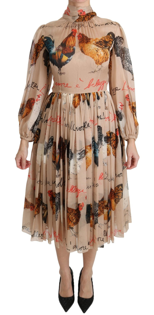 Beige Rooster Print Sheath Midi Silk Dress - coffeewithmee2Dolce & GabbanaP2654S