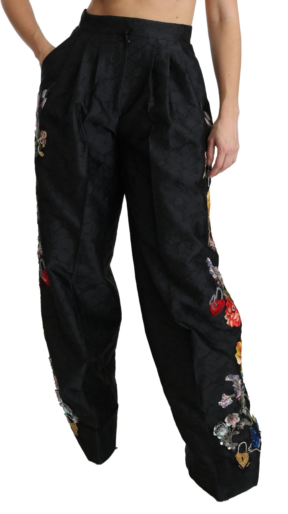 Black Brocade Floral Sequined Beaded Pants - coffeewithmee2Dolce & GabbanaP2722S