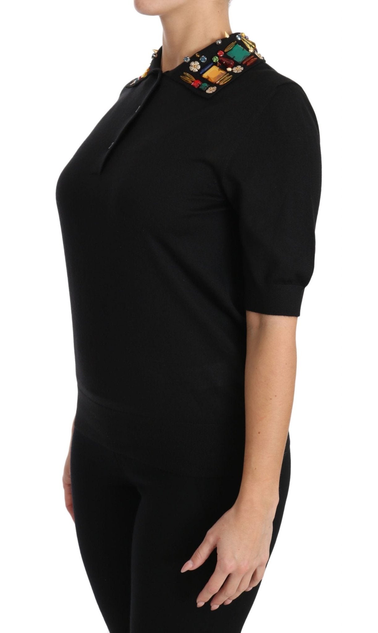 Black Cashmere Crystal Collar Top T-Shirt - coffeewithmee2Dolce & GabbanaP1465S
