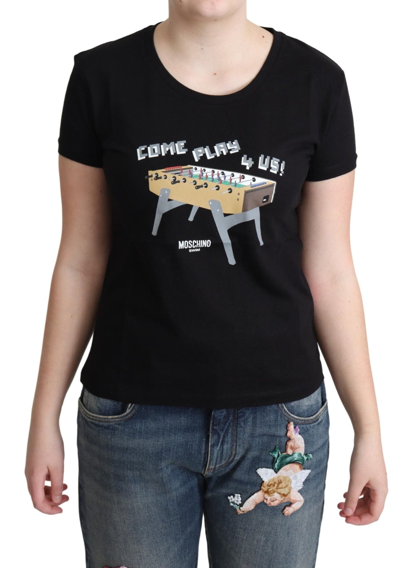 Black Cotton Come Play 4 Us Print Tops T-shirt - coffeewithmee2MoschinoP4532S