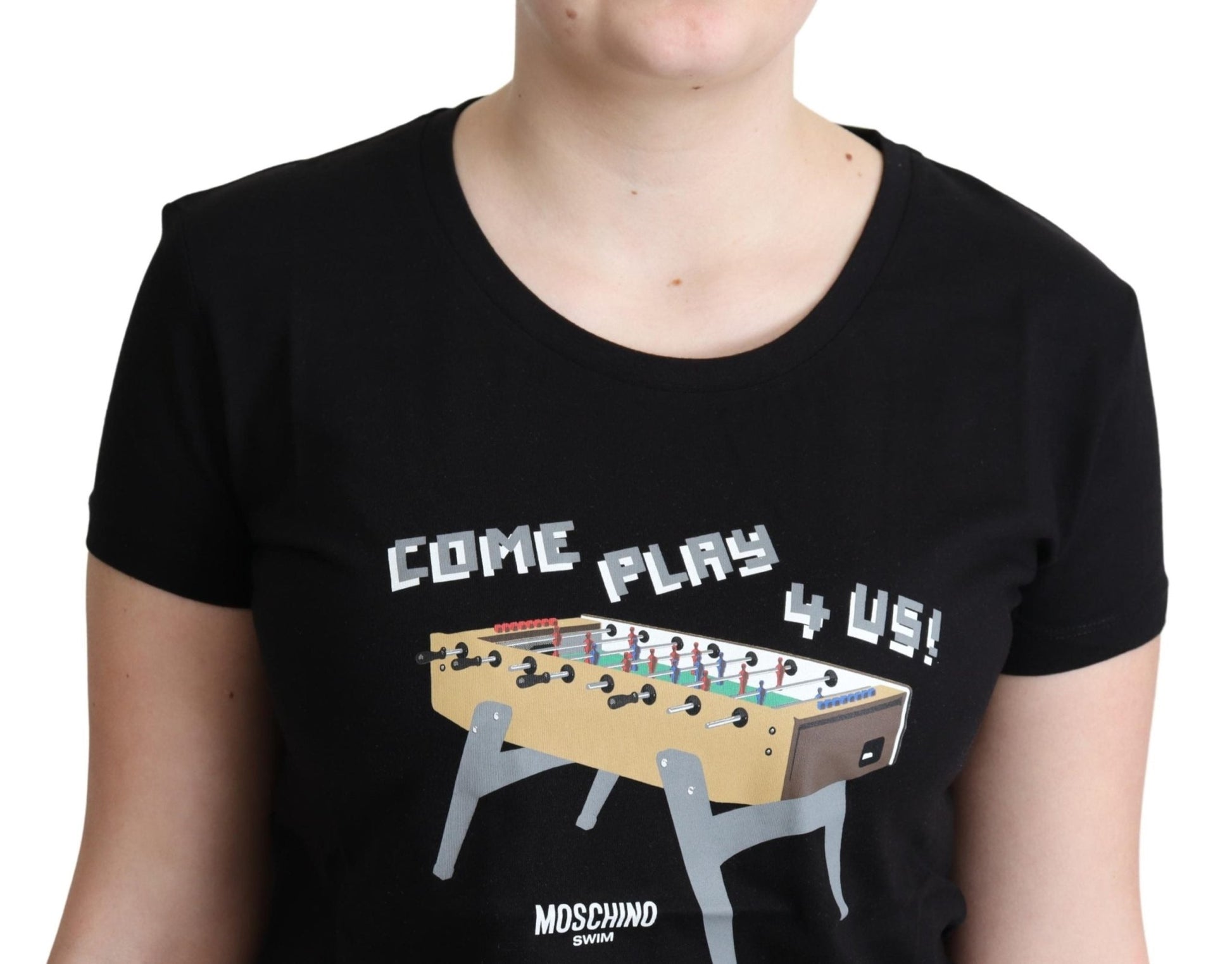 Black Cotton Come Play 4 Us Print Tops T-shirt - coffeewithmee2MoschinoP4532S