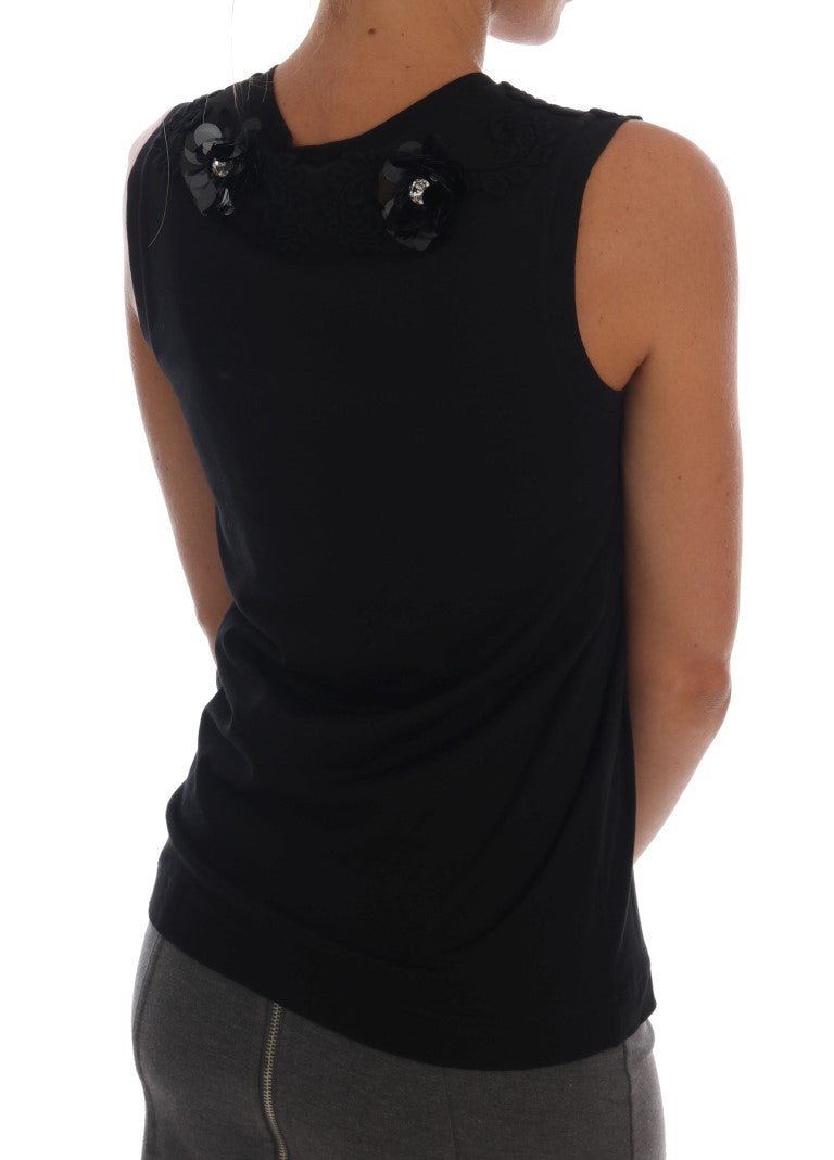 Black Cotton Floral Crystal Tank Top - coffeewithmee2Dolce & GabbanaP2061S