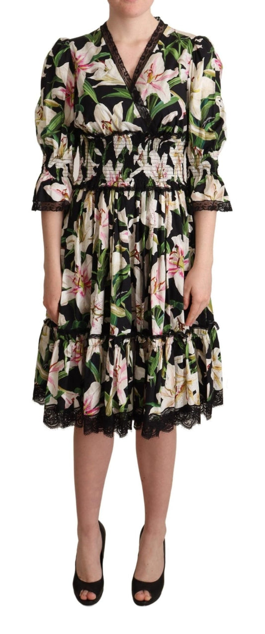 Black Cotton Lily Print Lace Trim Dress - coffeewithmee2Dolce & GabbanaP4967S