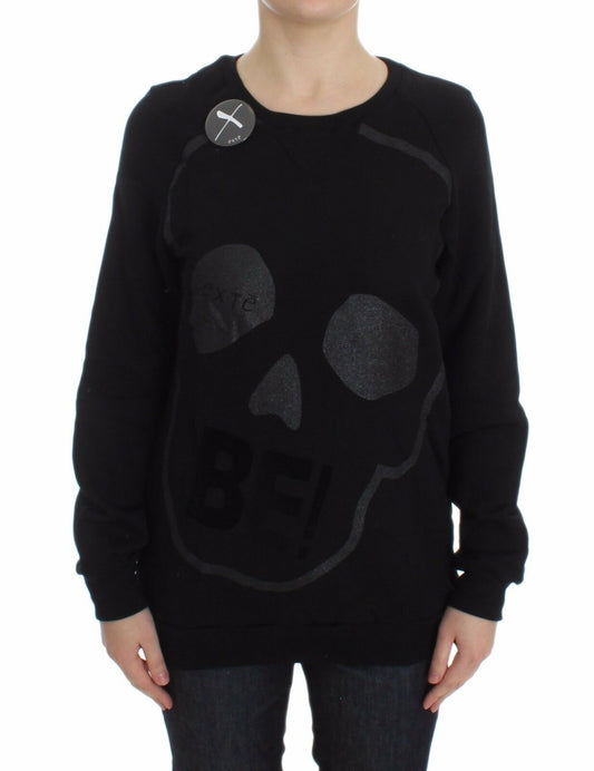 Black Cotton Motive Print Crewneck Pullover Sweater - coffeewithmee2ExteP5741S