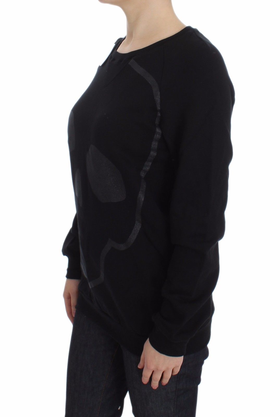 Black Cotton Motive Print Crewneck Pullover Sweater - coffeewithmee2ExteP5741S