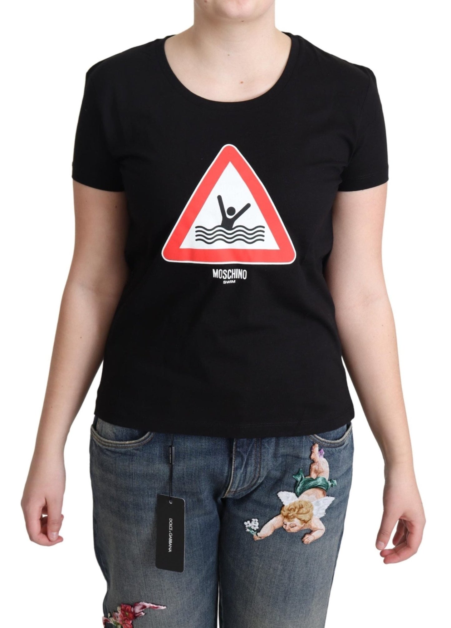 Black Cotton Swim Graphic Triangle Print T-shirt - coffeewithmee2MoschinoP4571S