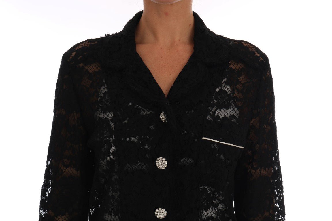 Black Crystal Button Floral Lace Shirt - coffeewithmee2Dolce & GabbanaP2228S