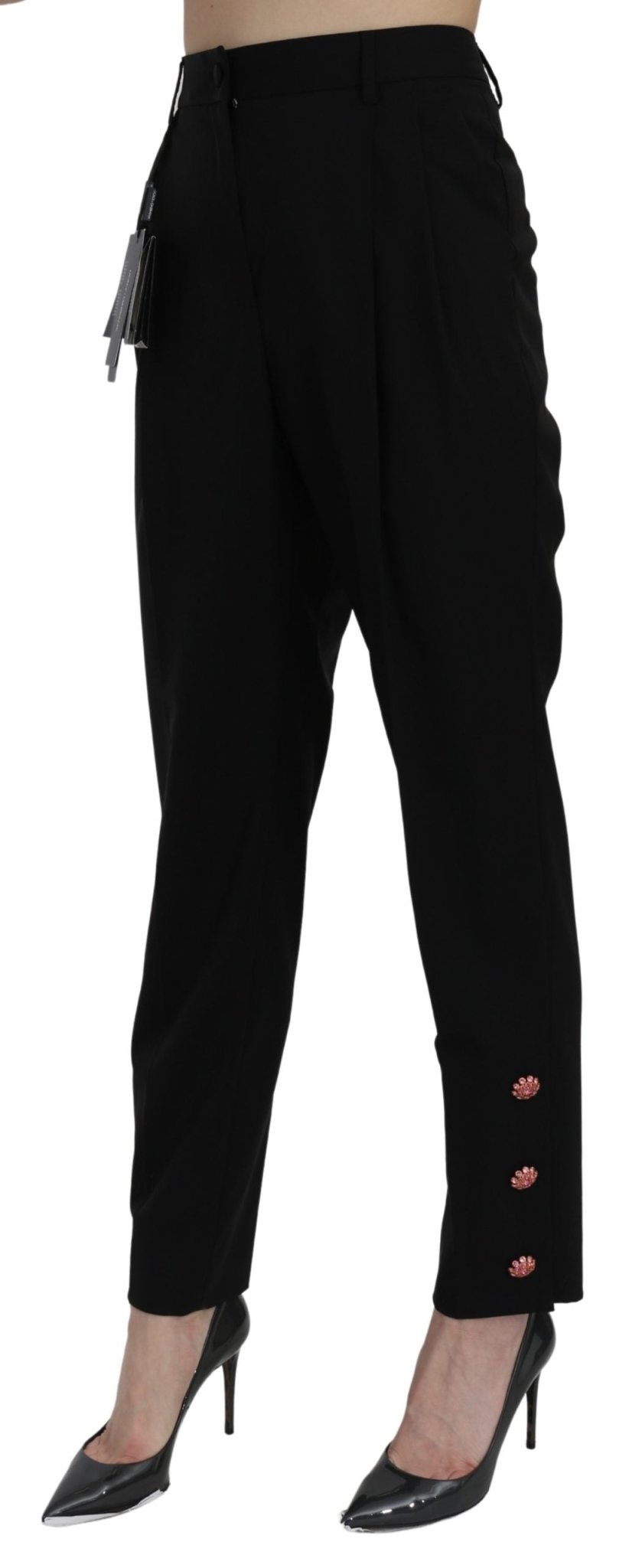 Black Crystal High Waist Trouser Cotton Pants - coffeewithmee2Dolce & GabbanaP3209S