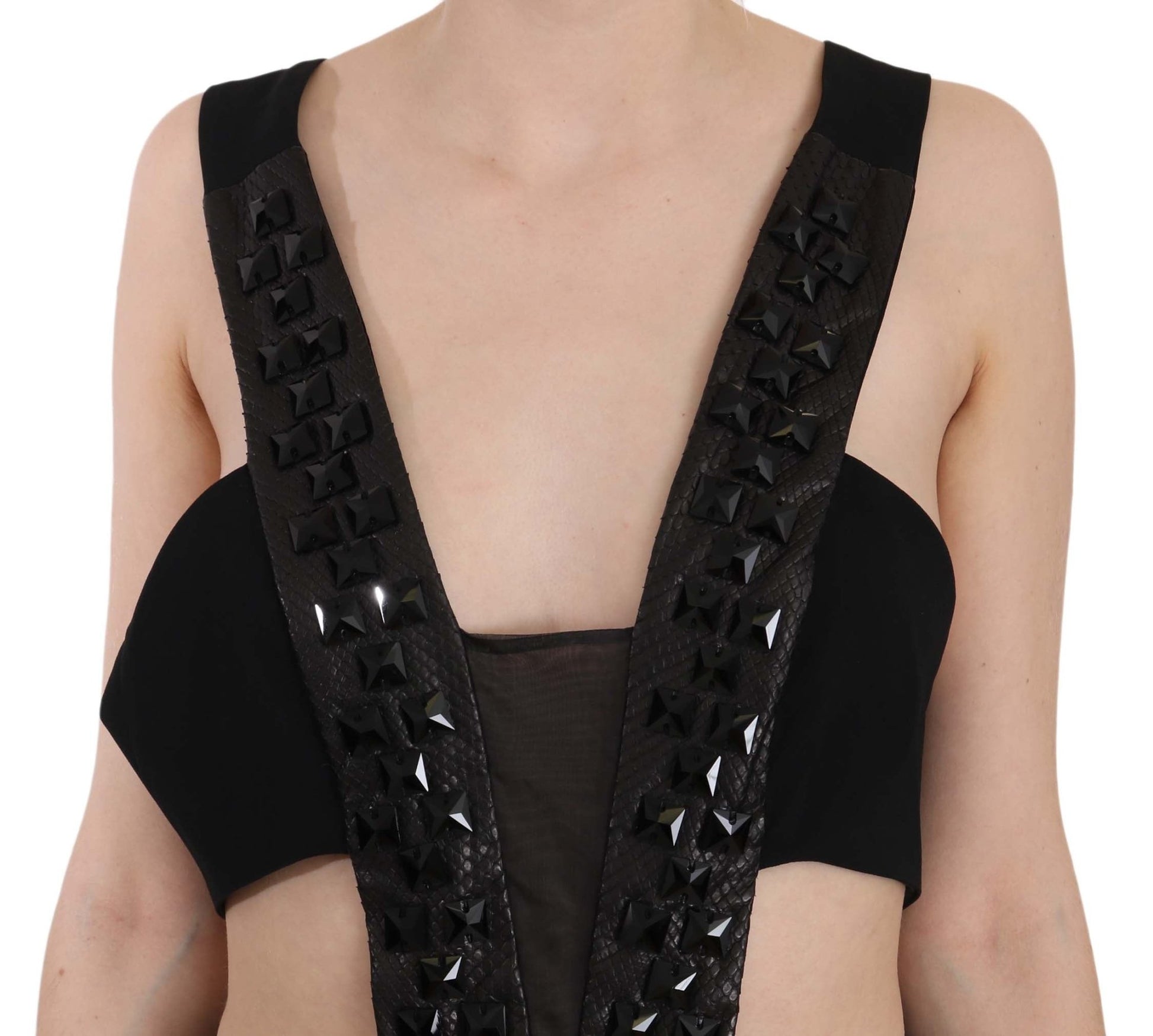 Black Crystal Leather Gown Flare Dress - coffeewithmee2John RichmondP2412S