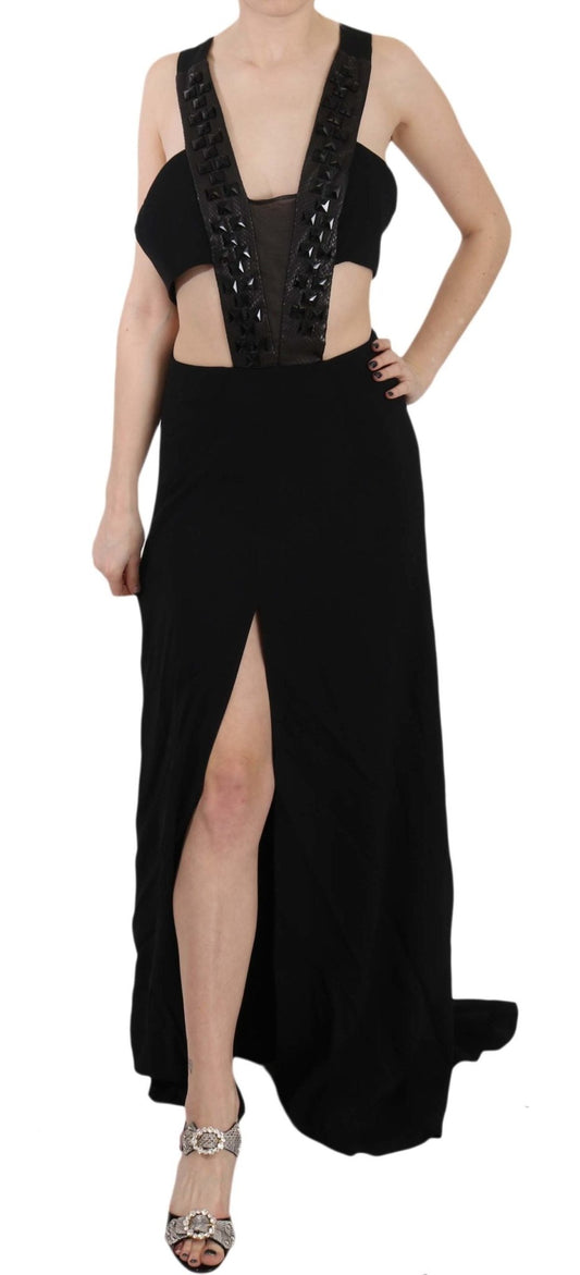 Black Crystal Leather Gown Flare Dress - coffeewithmee2John RichmondP2412S