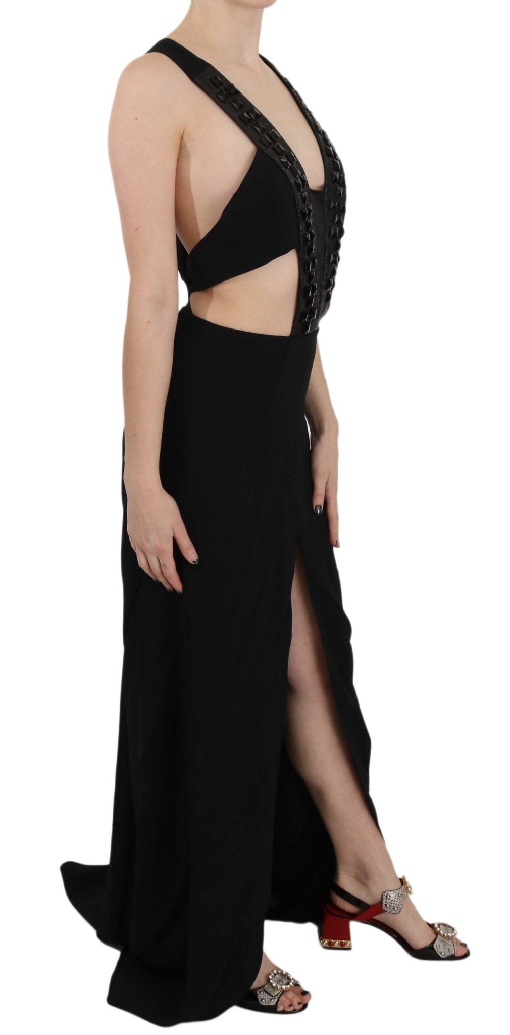 Black Crystal Leather Gown Flare Dress - coffeewithmee2John RichmondP2412S