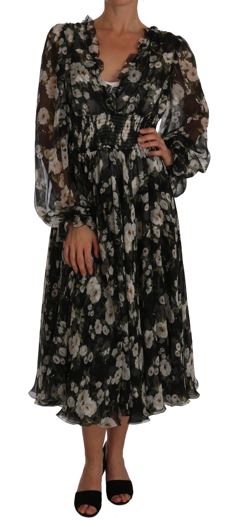 Black Daisy Floral Silk Shift A-Line Dress - coffeewithmee2Dolce & GabbanaP1372S