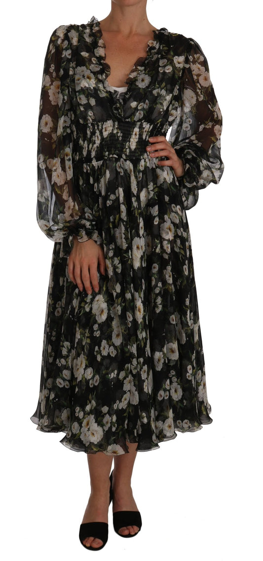 Black Daisy Floral Silk Shift A-Line Dress - coffeewithmee2Dolce & GabbanaP1372S