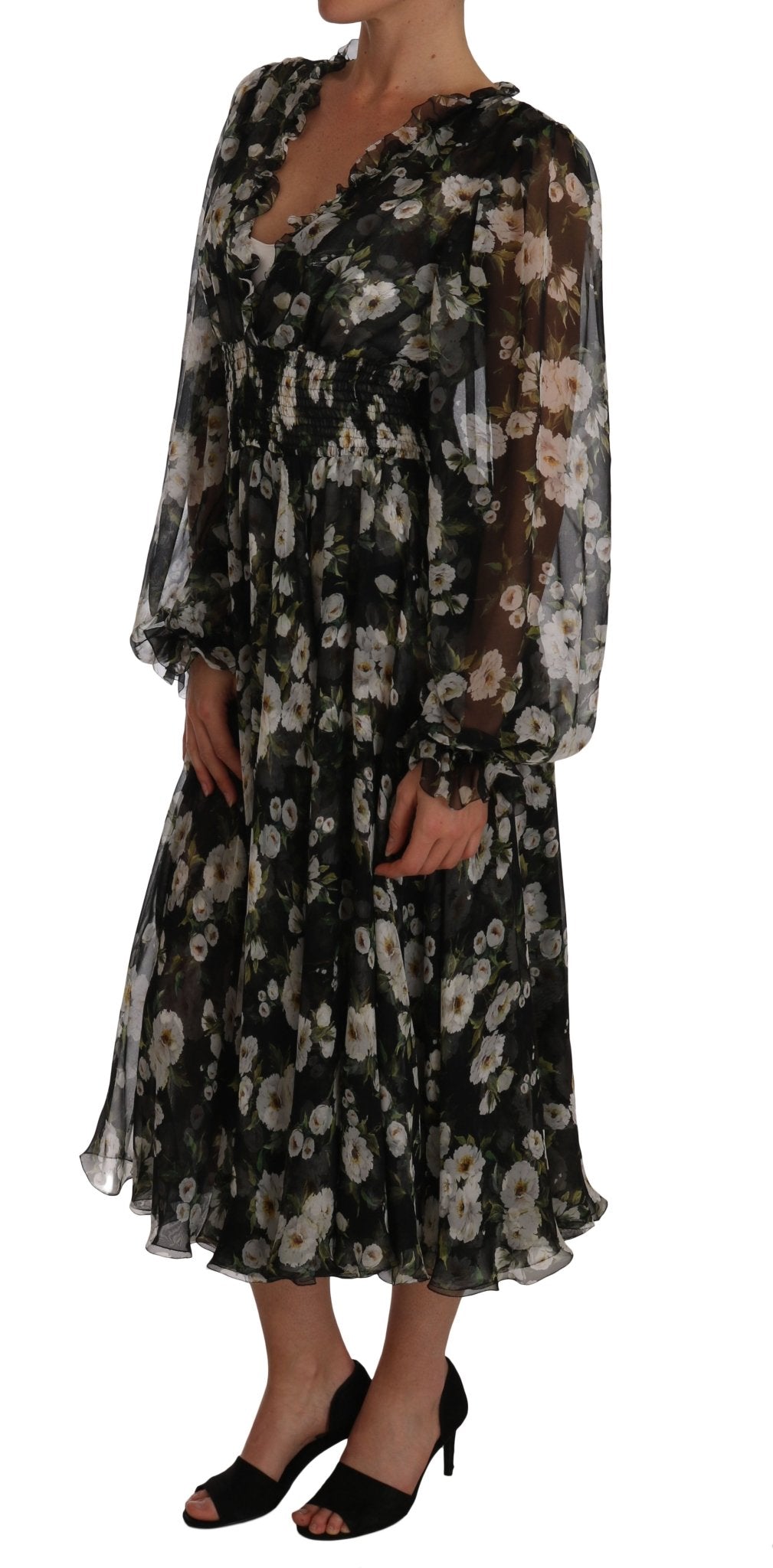 Black Daisy Floral Silk Shift A-Line Dress - coffeewithmee2Dolce & GabbanaP1372S