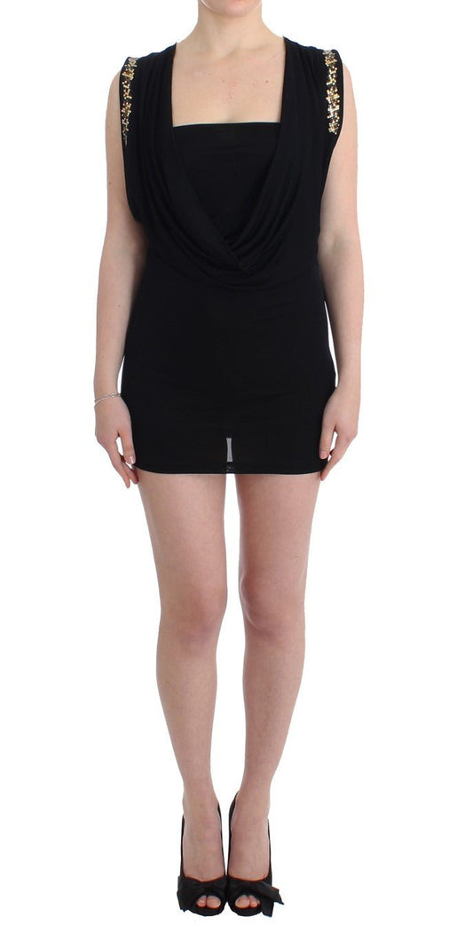 Black Embellished Jersey Mini Sheath Short Dress - coffeewithmee2RoccobaroccoP1097S