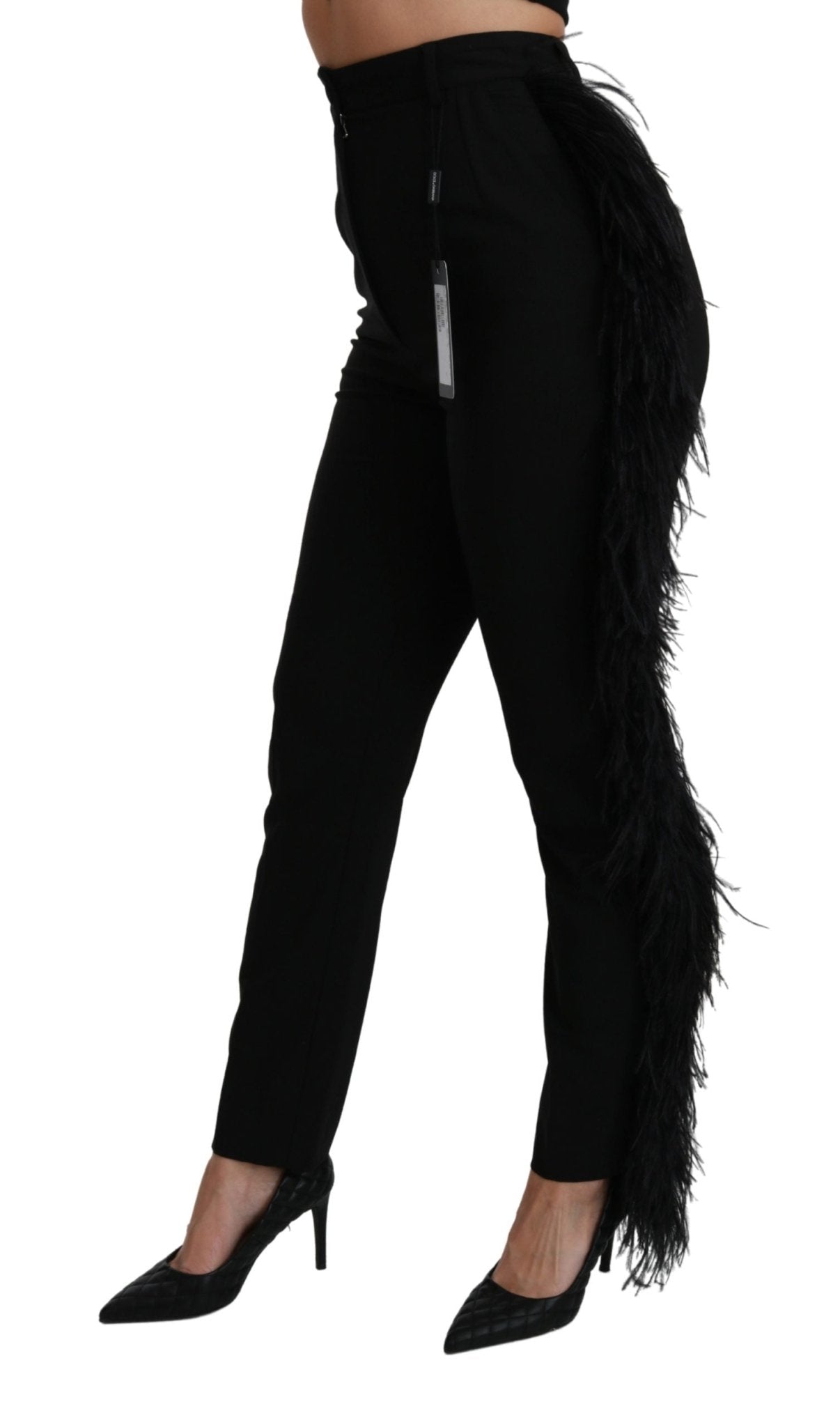 Black Feather Straight High Waist Wool Pants - coffeewithmee2Dolce & GabbanaP2977S