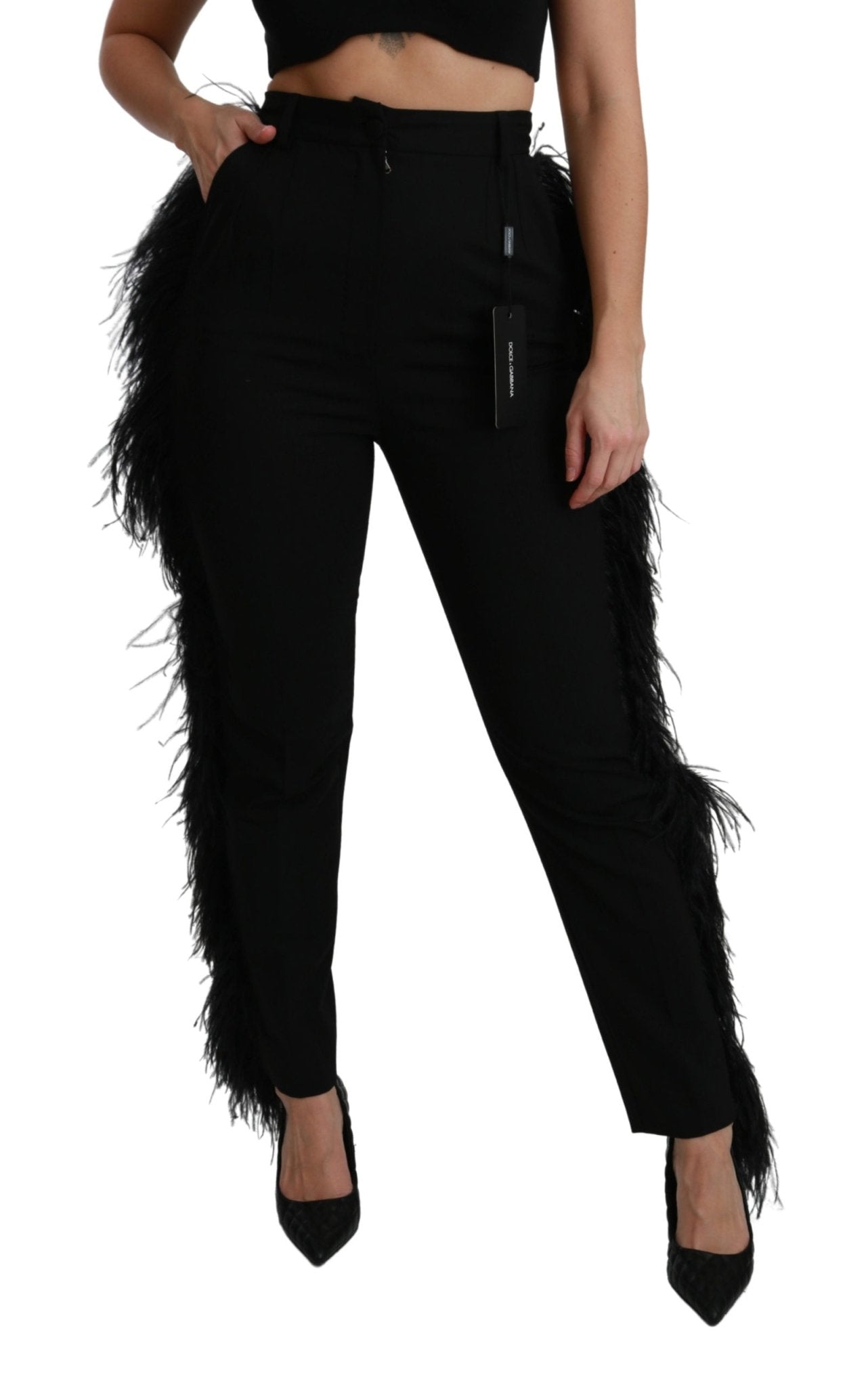 Black Feather Straight High Waist Wool Pants - coffeewithmee2Dolce & GabbanaP2977S