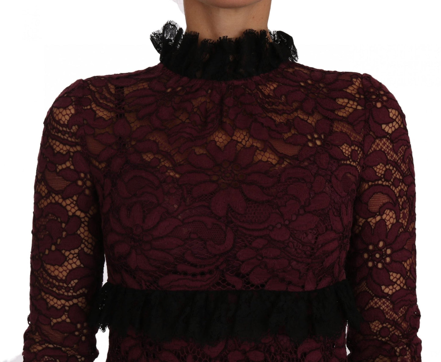 Black Floral Lace Burgundy Gown Mock Collar Dress - coffeewithmee2Dolce & GabbanaP1390S