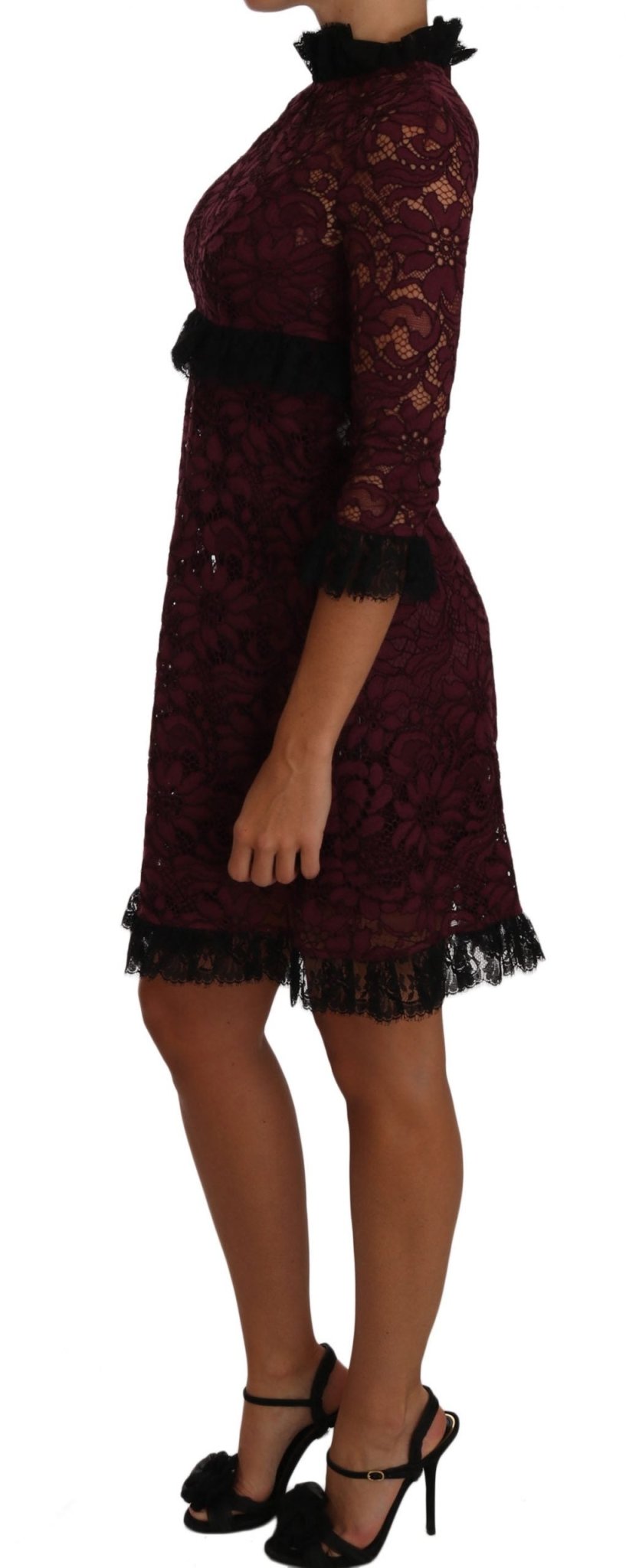 Black Floral Lace Burgundy Gown Mock Collar Dress - coffeewithmee2Dolce & GabbanaP1390S