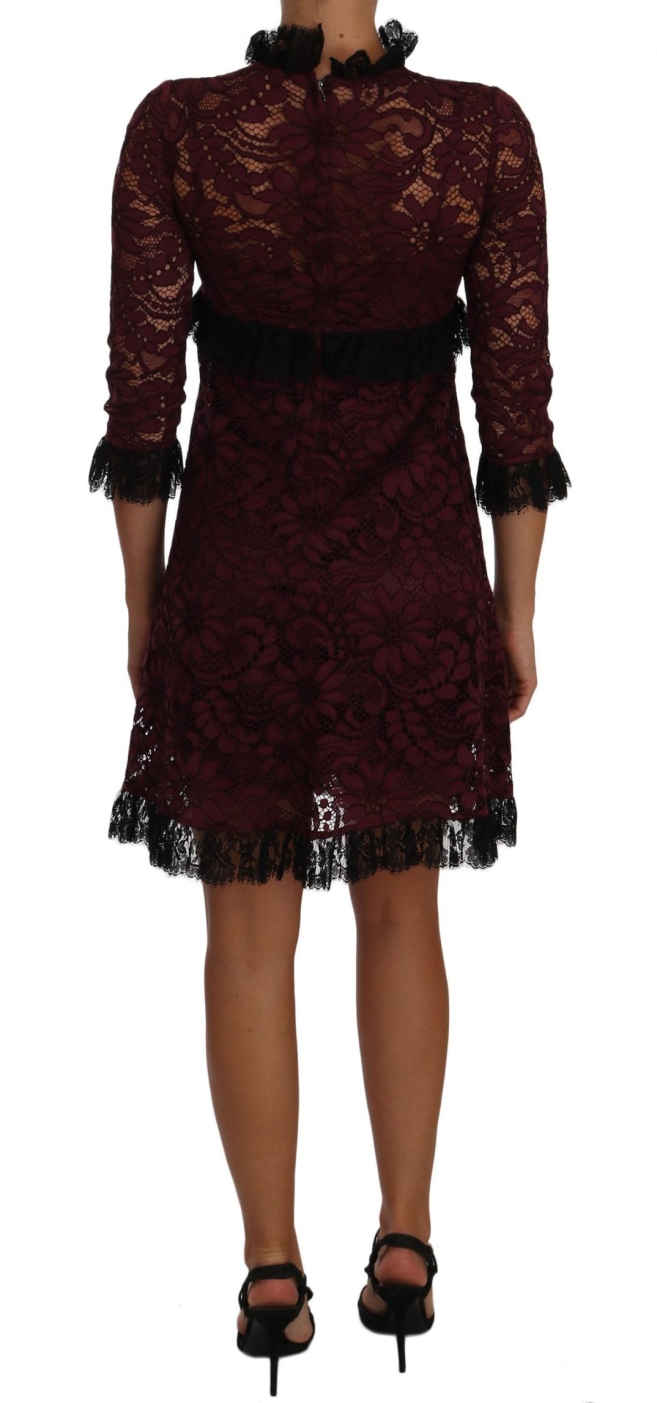 Black Floral Lace Burgundy Gown Mock Collar Dress - coffeewithmee2Dolce & GabbanaP1390S