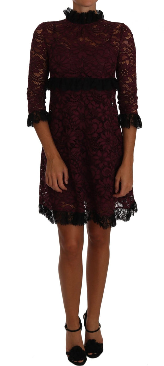 Black Floral Lace Burgundy Gown Mock Collar Dress - coffeewithmee2Dolce & GabbanaP1390S