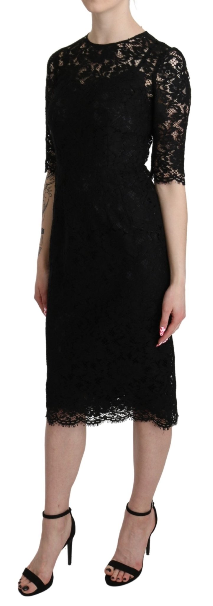 Black Floral Lace Sheath Knee Length Dress - coffeewithmee2Dolce & GabbanaP3324S