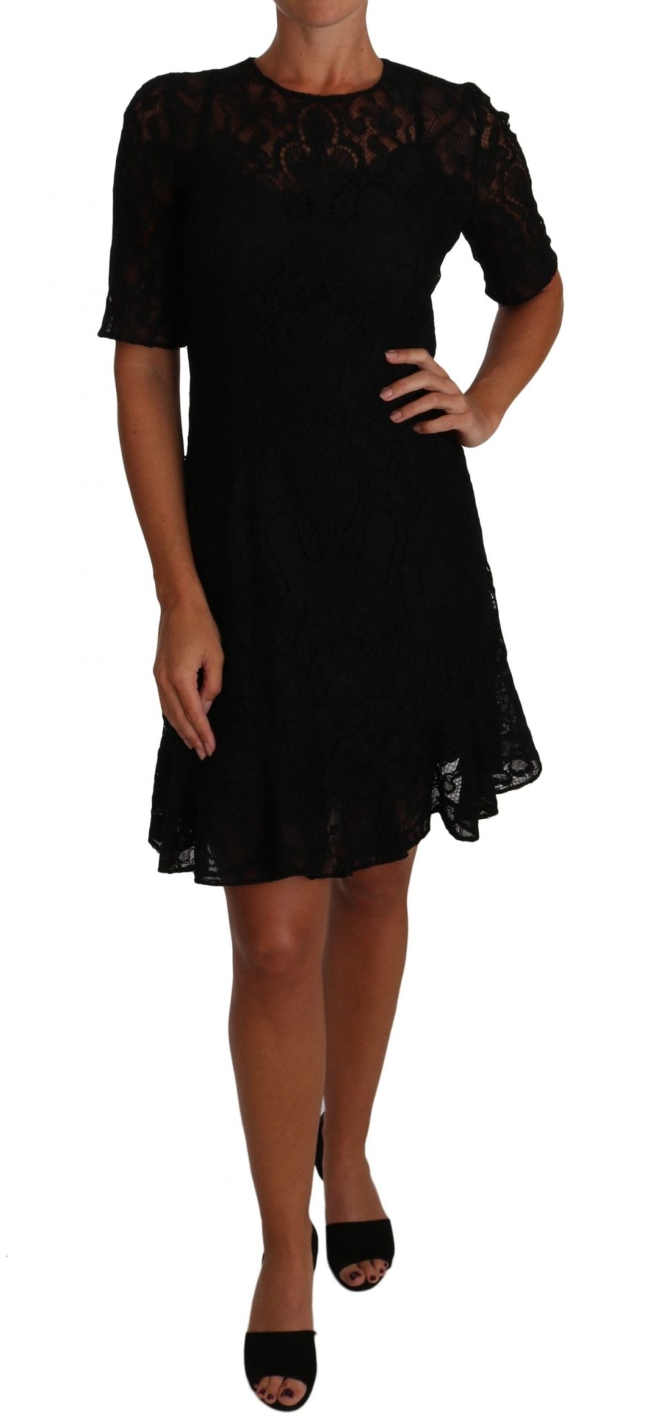 Black Floral Lace Sheath Short Sleeves Dress - coffeewithmee2Dolce & GabbanaP1397S