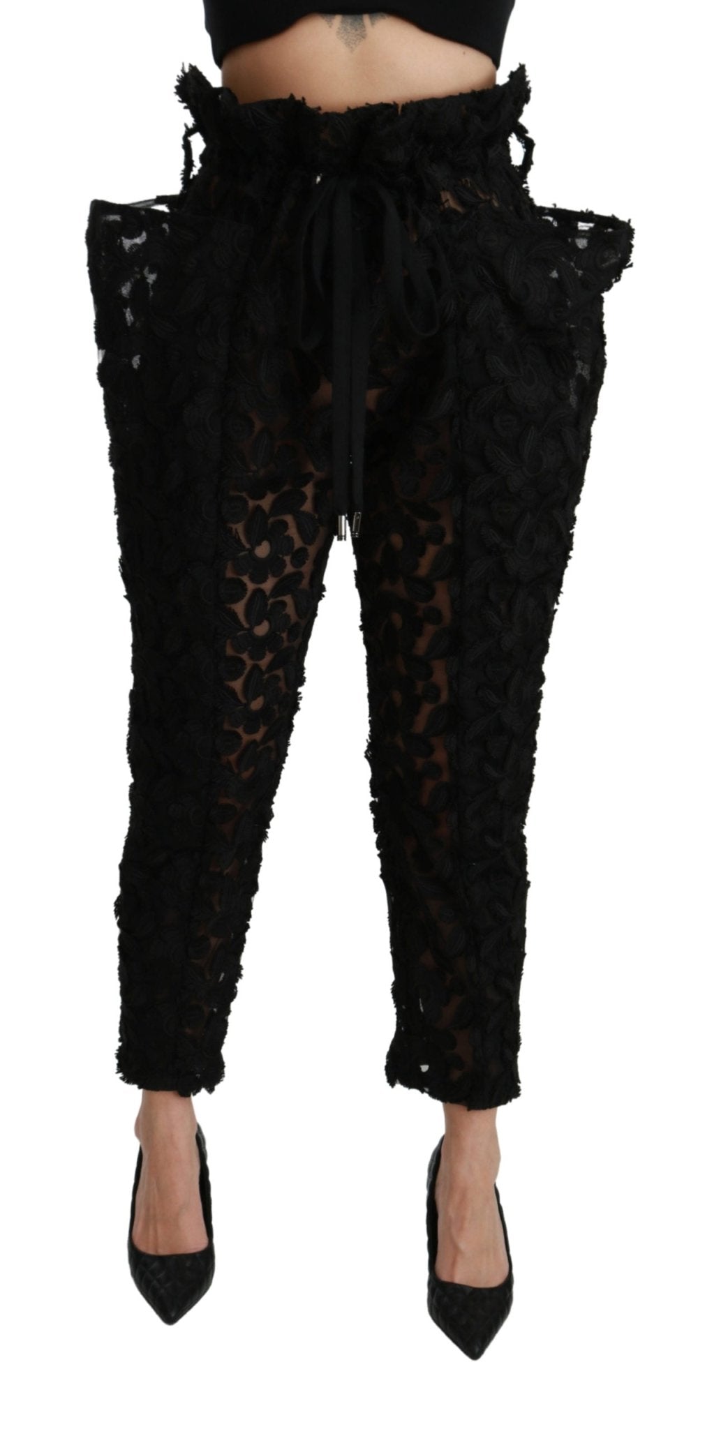 Black Floral Lace Tapered High Waist Pants - coffeewithmee2Dolce & GabbanaP2975S