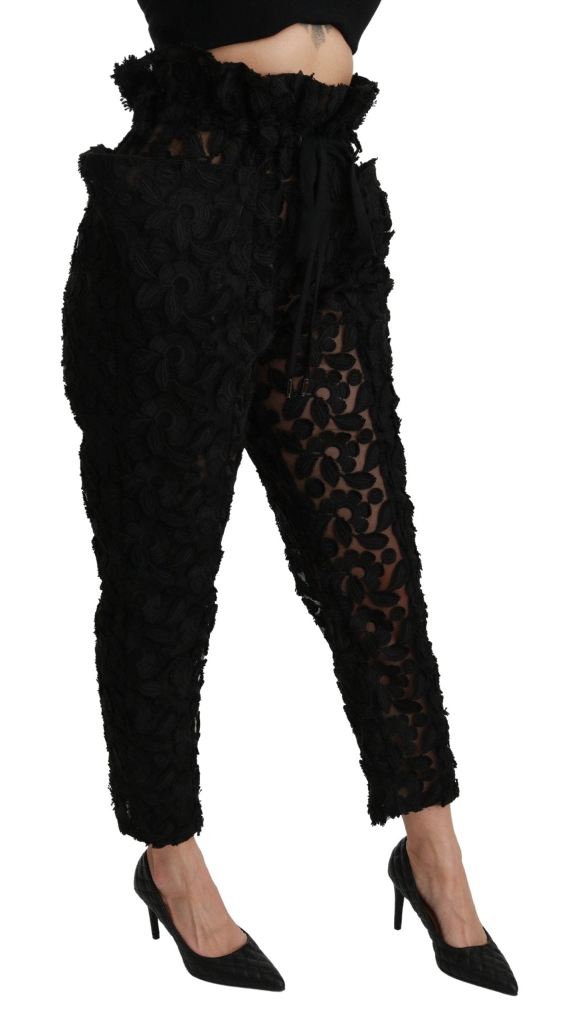 Black Floral Lace Tapered High Waist Pants - coffeewithmee2Dolce & GabbanaP2975S