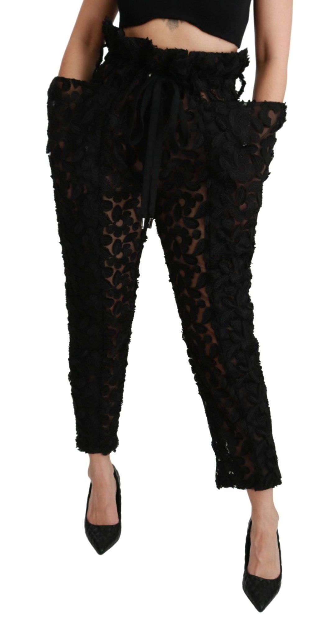 Black Floral Lace Tapered High Waist Pants - coffeewithmee2Dolce & GabbanaP2975S