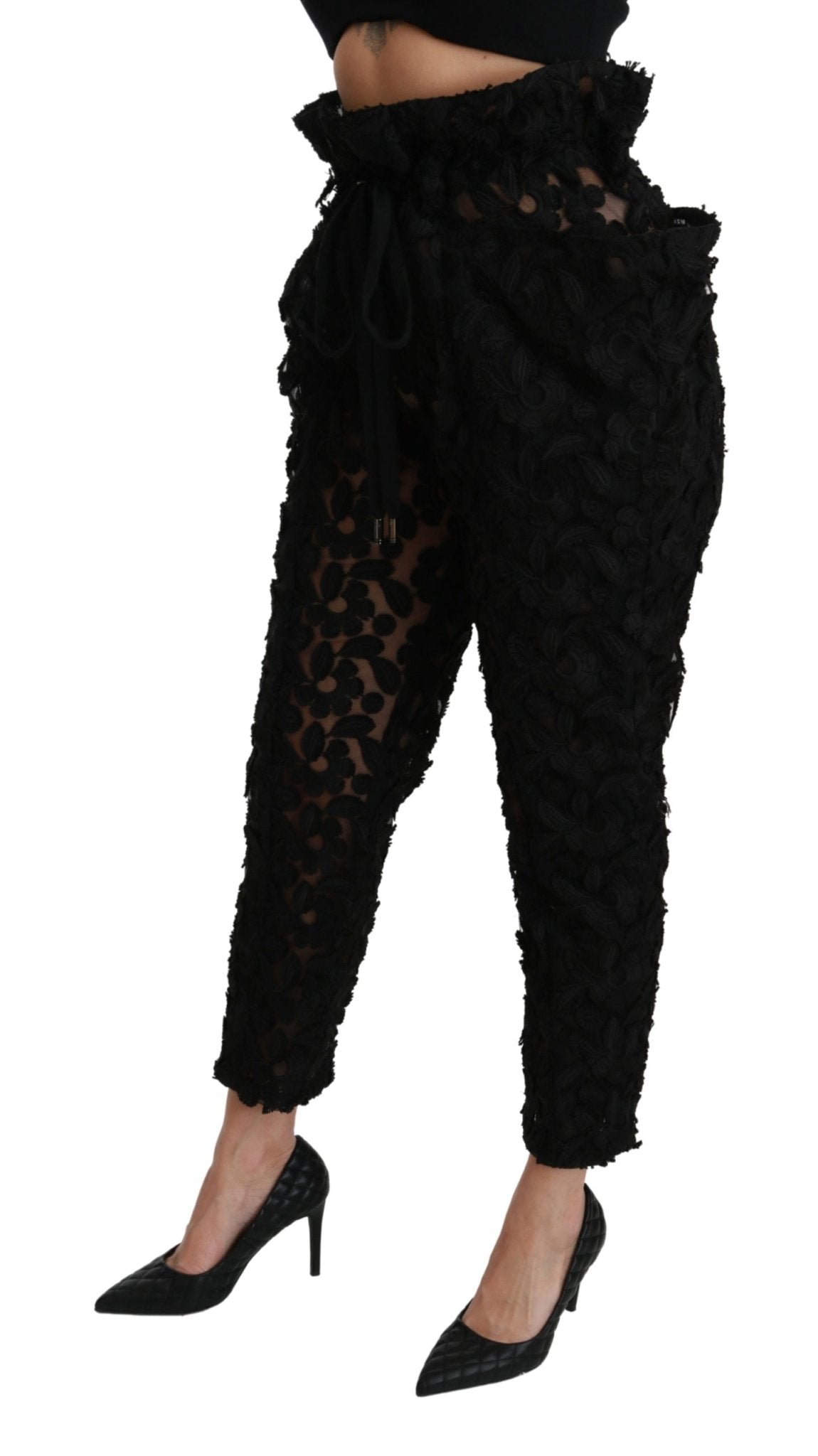 Black Floral Lace Tapered High Waist Pants - coffeewithmee2Dolce & GabbanaP2975S