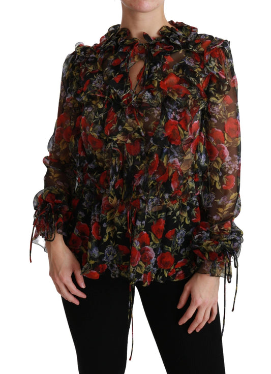 Black Floral Roses Blouse Silk Top - coffeewithmee2Dolce & GabbanaP2885S