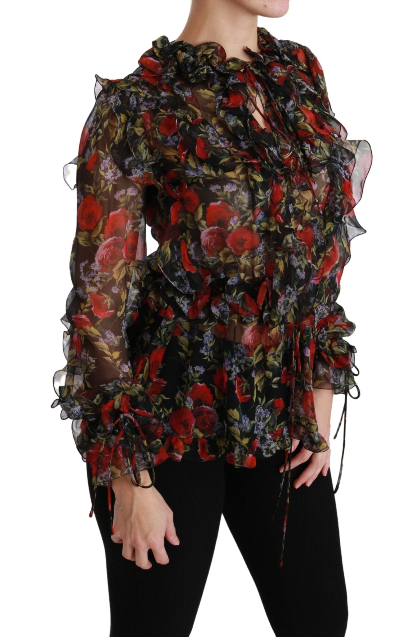 Black Floral Roses Blouse Silk Top - coffeewithmee2Dolce & GabbanaP2885S