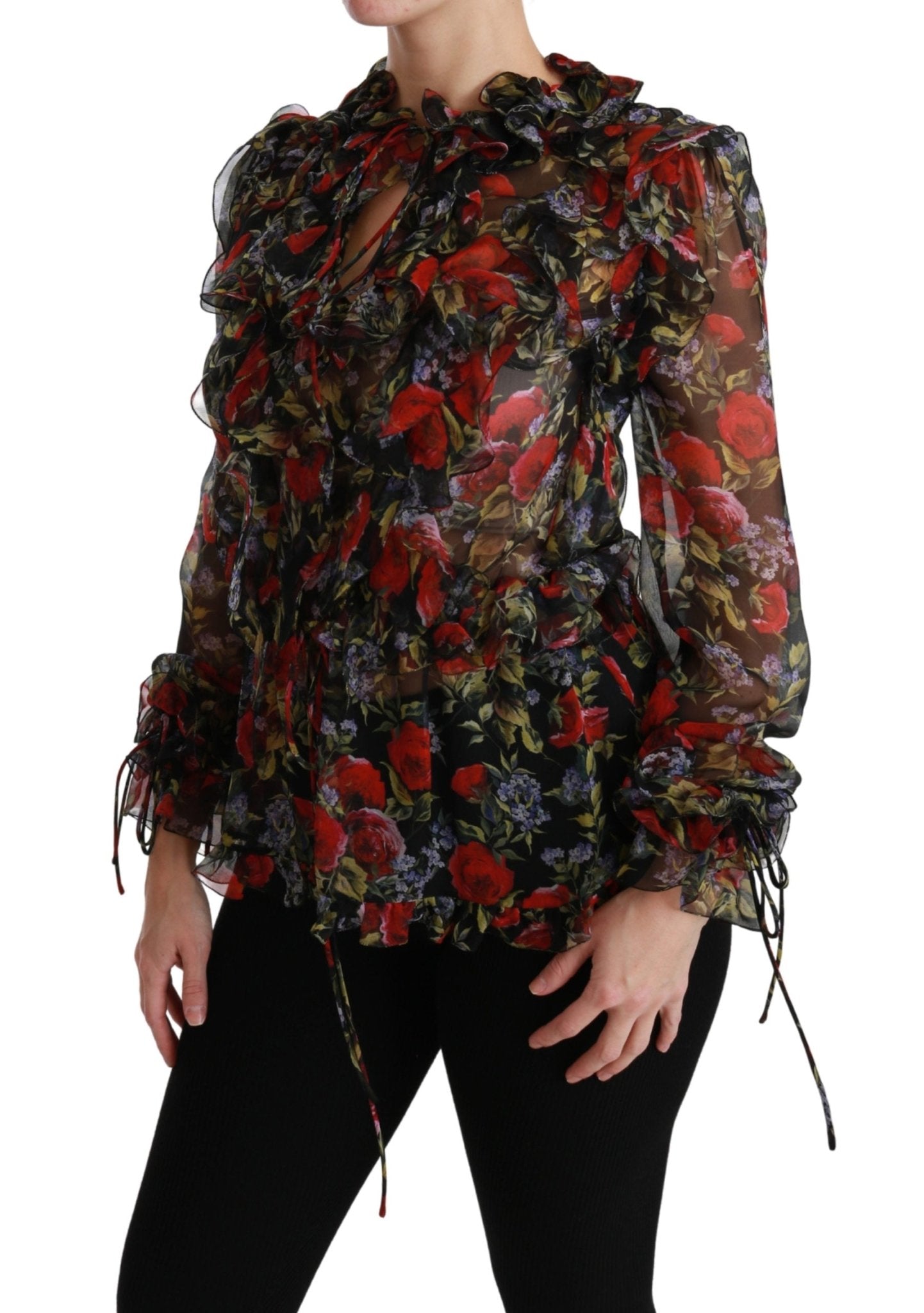 Black Floral Roses Blouse Silk Top - coffeewithmee2Dolce & GabbanaP2885S