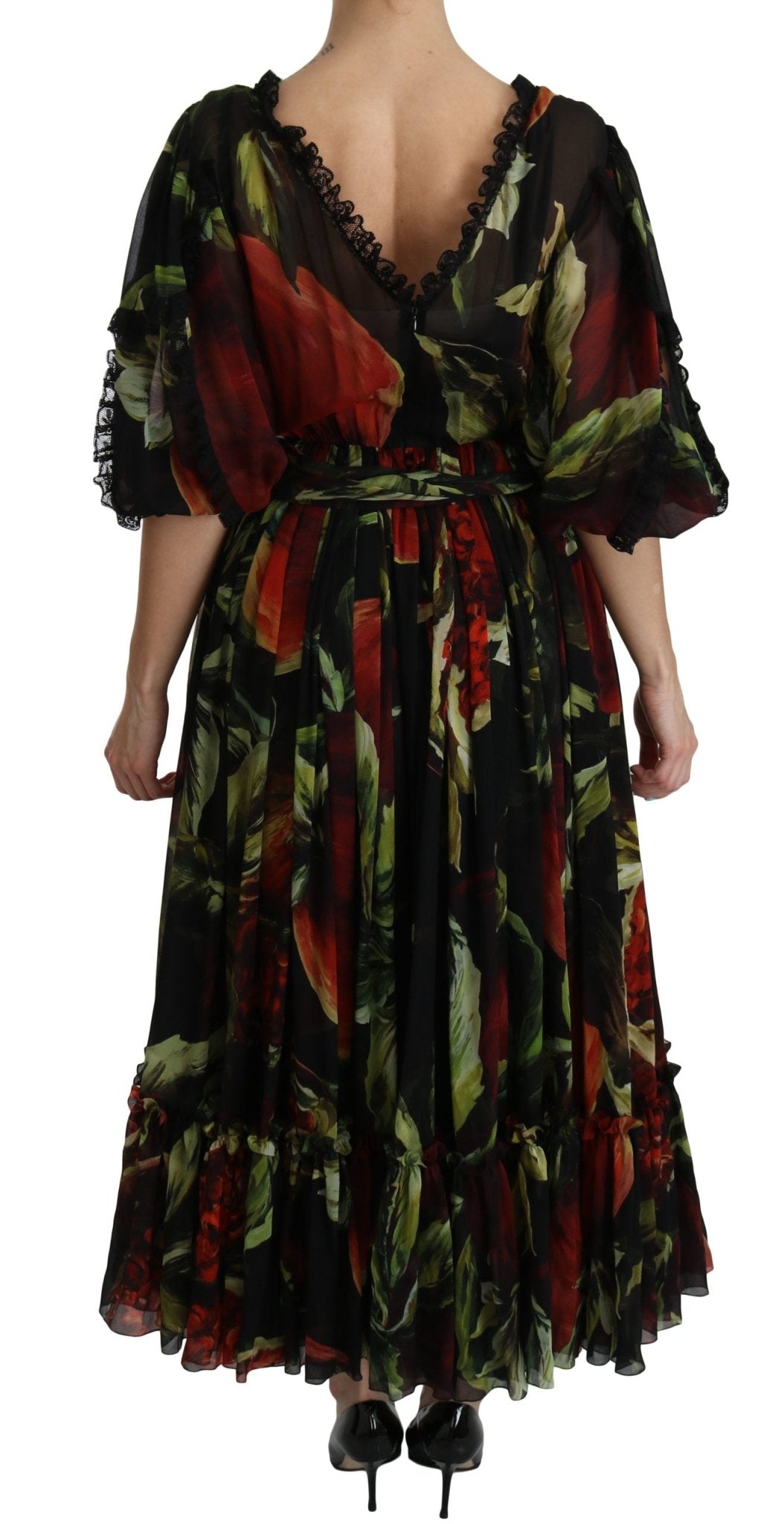 Black Floral Roses Pleated Maxi Silk - coffeewithmee2Dolce & GabbanaP2597S