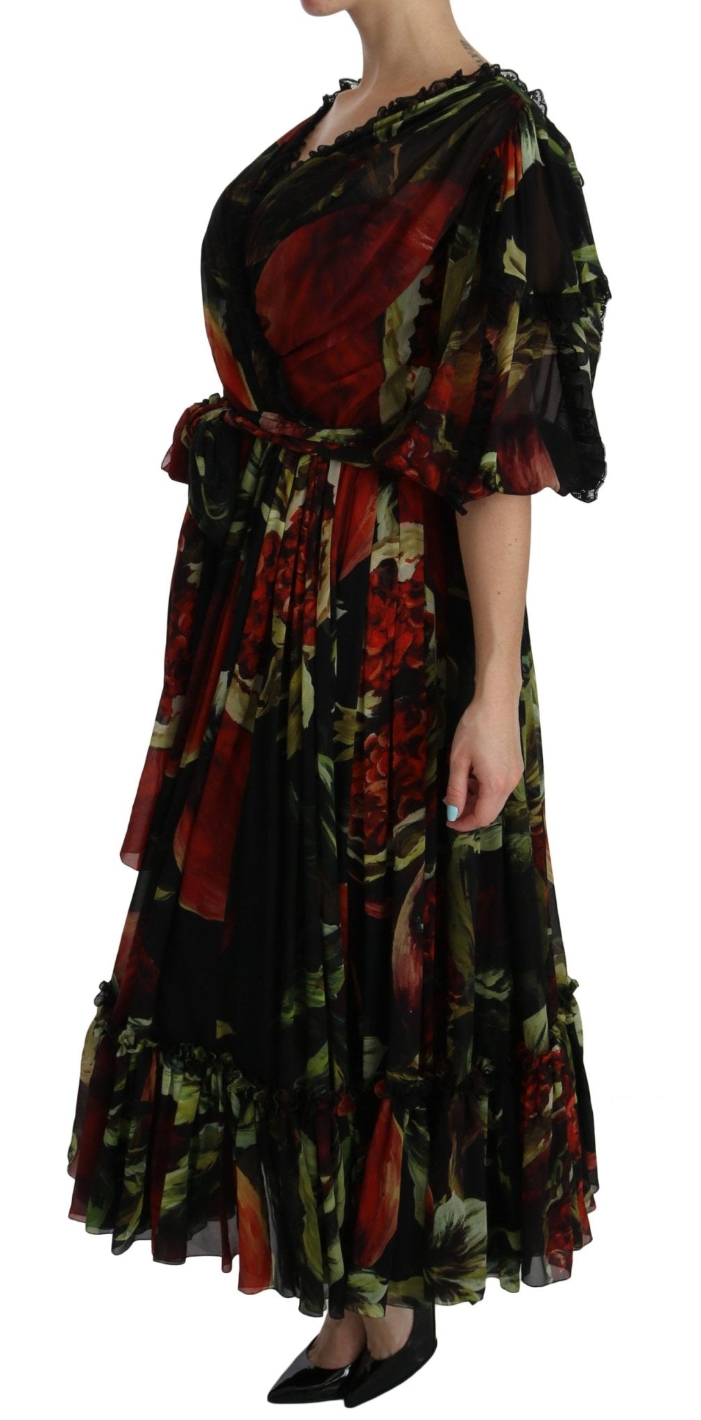 Black Floral Roses Pleated Maxi Silk - coffeewithmee2Dolce & GabbanaP2597S