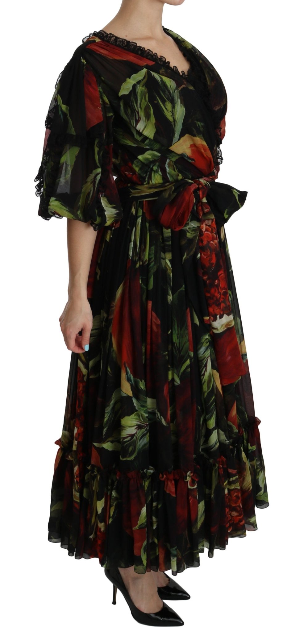 Black Floral Roses Pleated Maxi Silk - coffeewithmee2Dolce & GabbanaP2597S