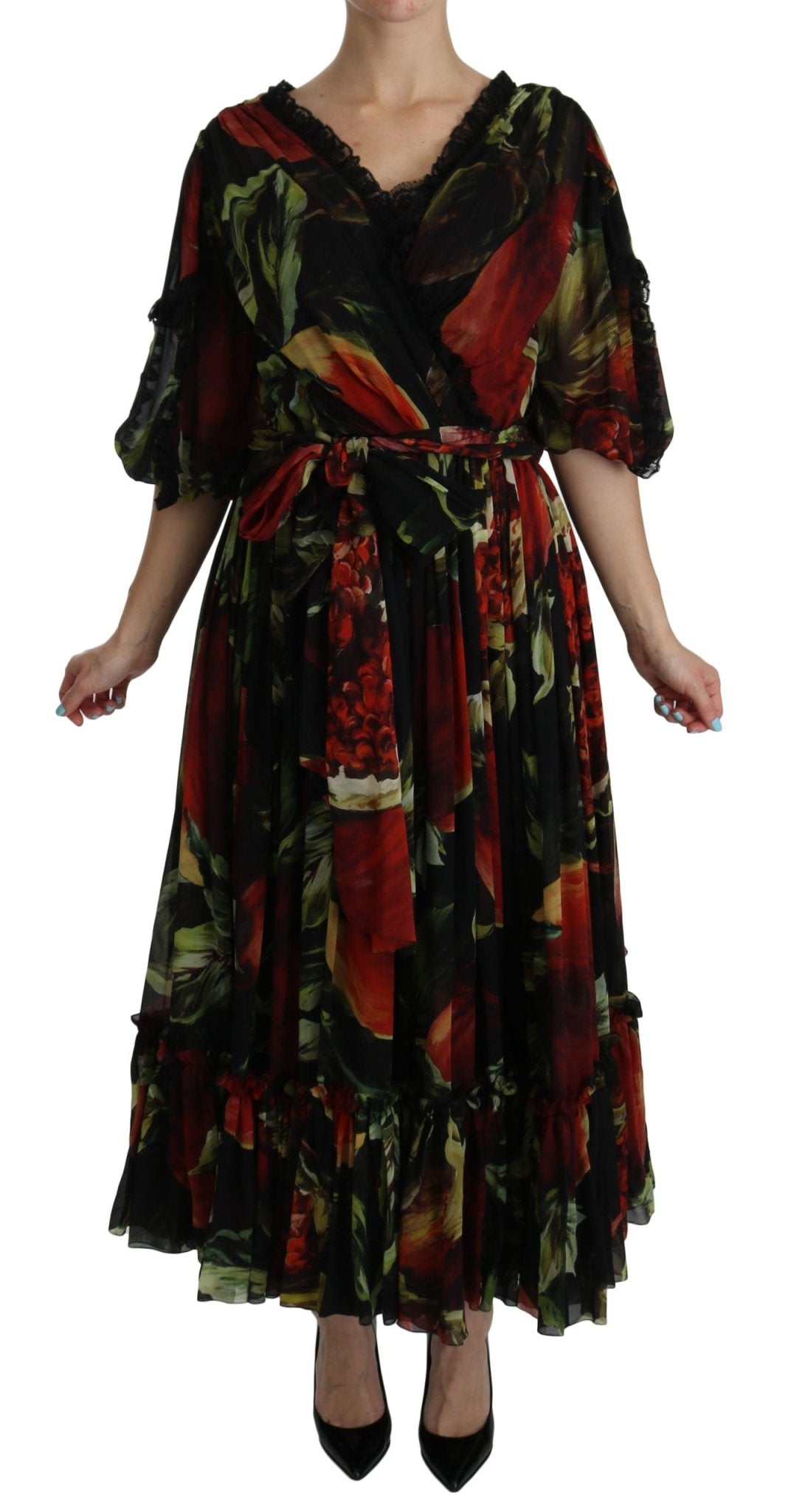Black Floral Roses Pleated Maxi Silk - coffeewithmee2Dolce & GabbanaP2597S