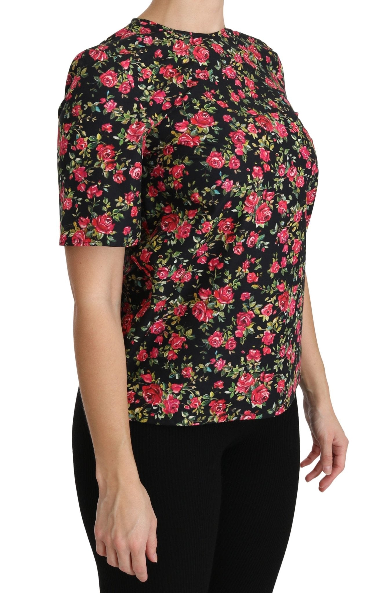 Black Floral Roses Short Sleeve Top Blouse - coffeewithmee2Dolce & GabbanaP2735S