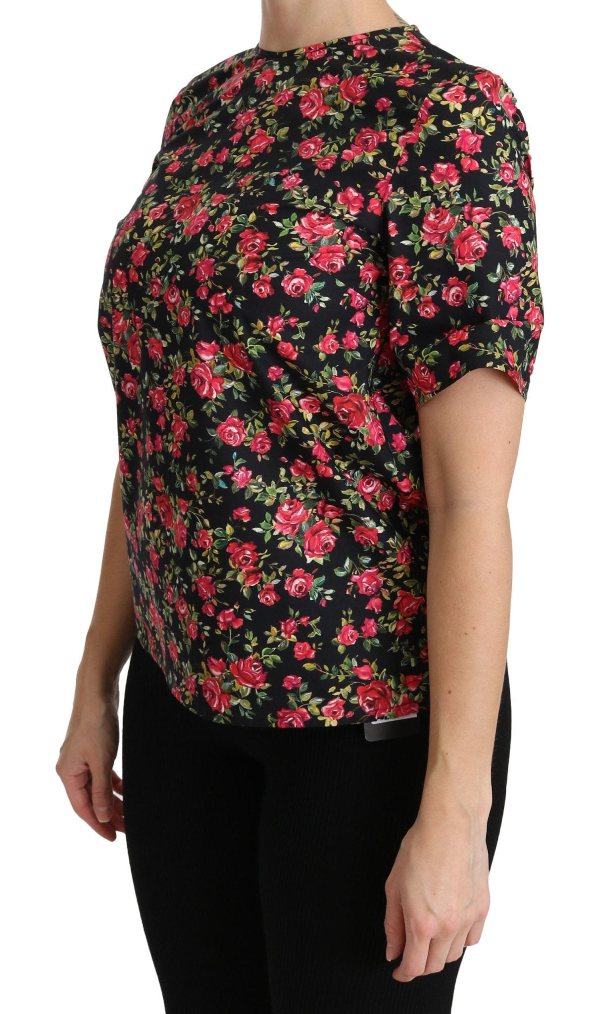 Black Floral Roses Short Sleeve Top Blouse - coffeewithmee2Dolce & GabbanaP2735S
