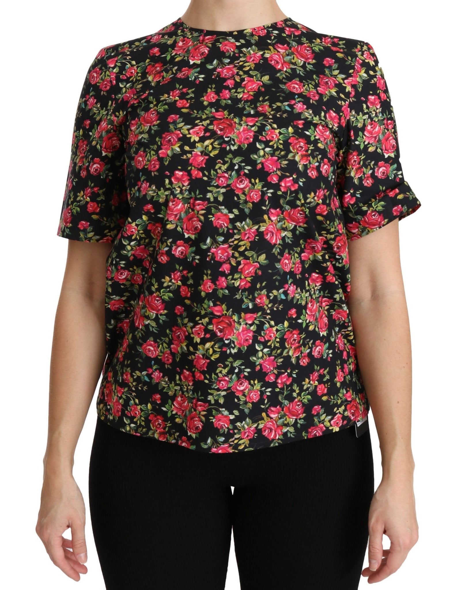 Black Floral Roses Short Sleeve Top Blouse - coffeewithmee2Dolce & GabbanaP2735S