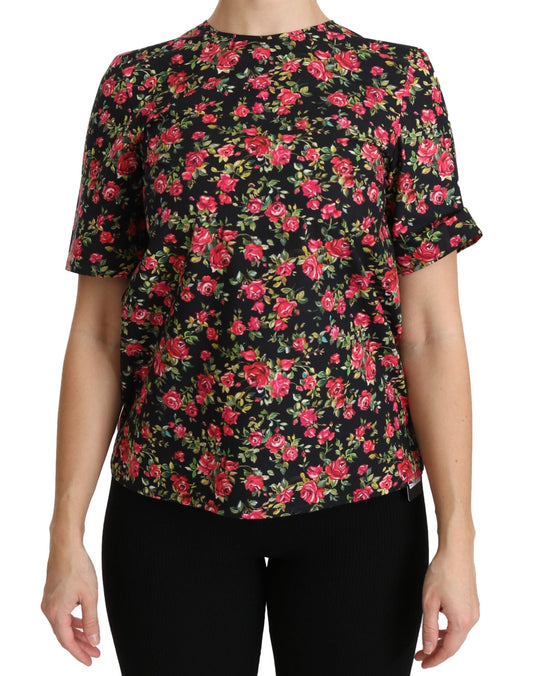 Black Floral Roses Short Sleeve Top Blouse - coffeewithmee2Dolce & GabbanaP2735S