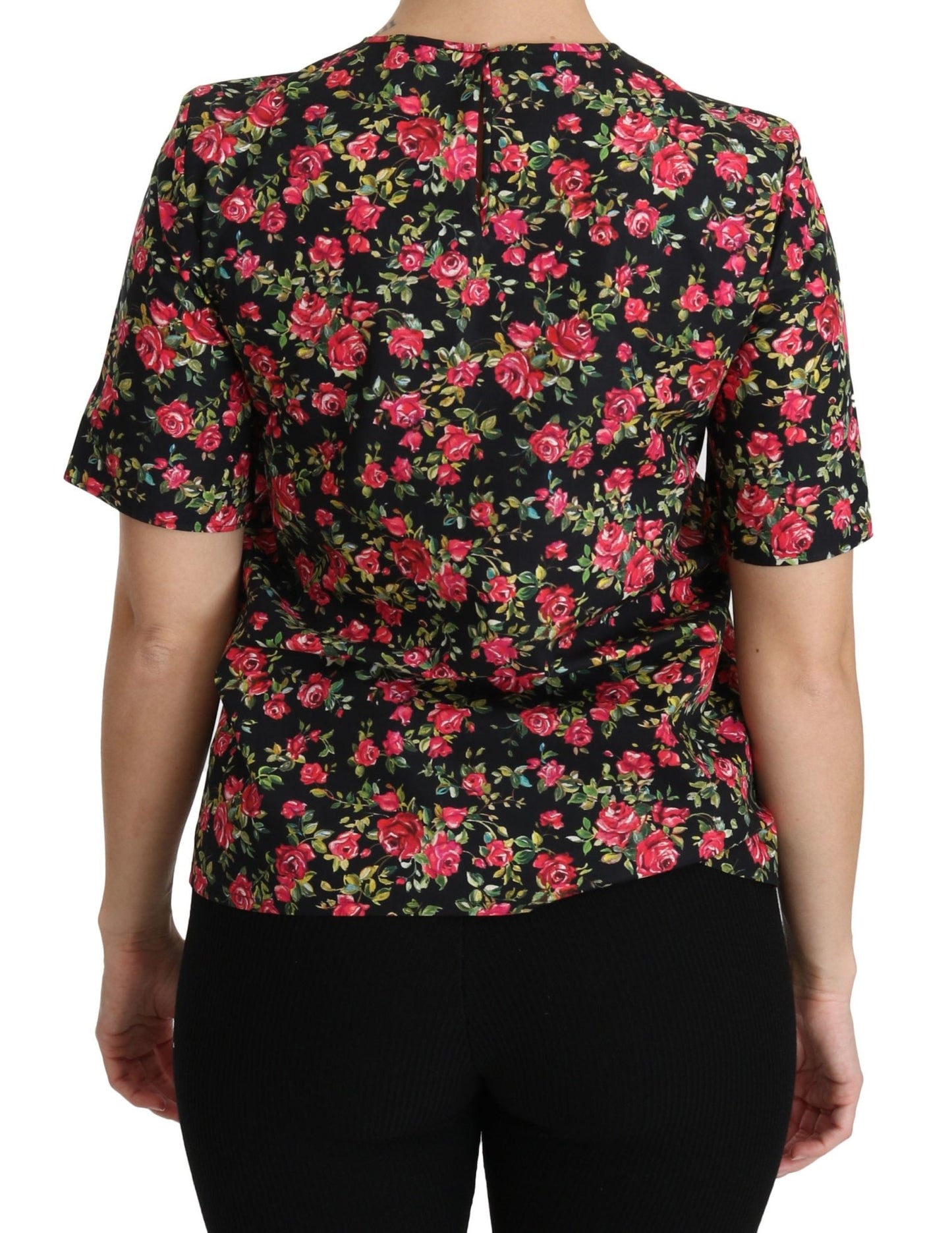 Black Floral Roses Short Sleeve Top Blouse - coffeewithmee2Dolce & GabbanaP2735S