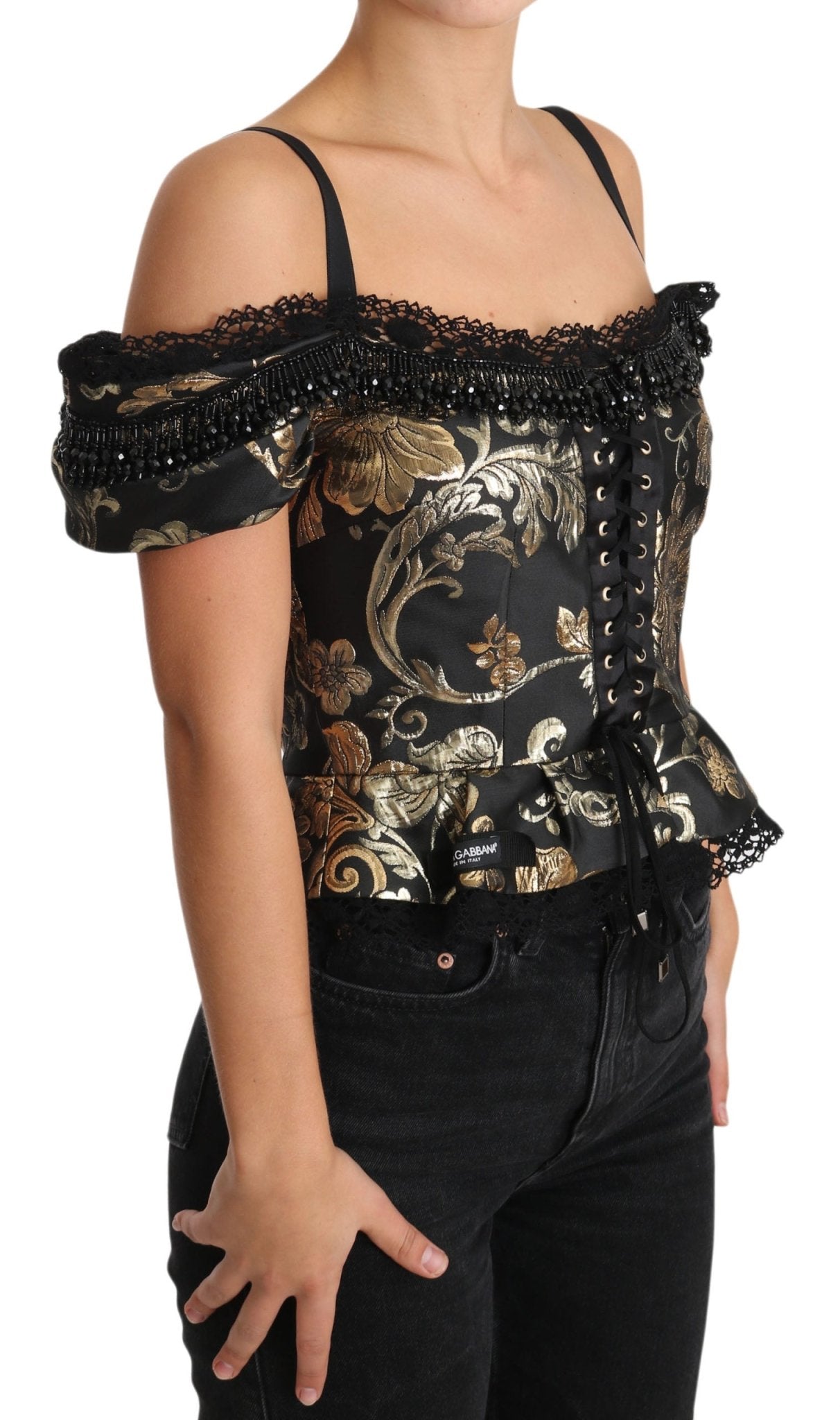 Black Gold Floral Jacquard Crystal Blouse - coffeewithmee2Dolce & GabbanaP2345S