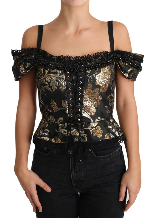 Black Gold Floral Jacquard Crystal Blouse - coffeewithmee2Dolce & GabbanaP2345S