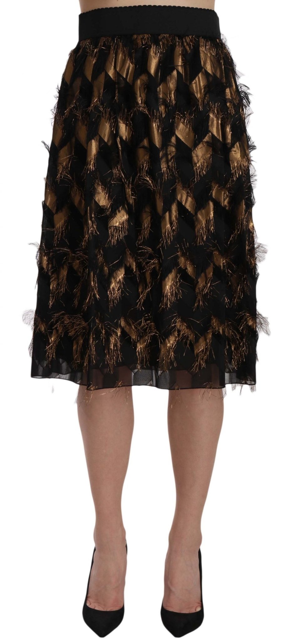 Black Gold Fringe Metallic Pencil A-line Skirt - coffeewithmee2Dolce & GabbanaP1545S