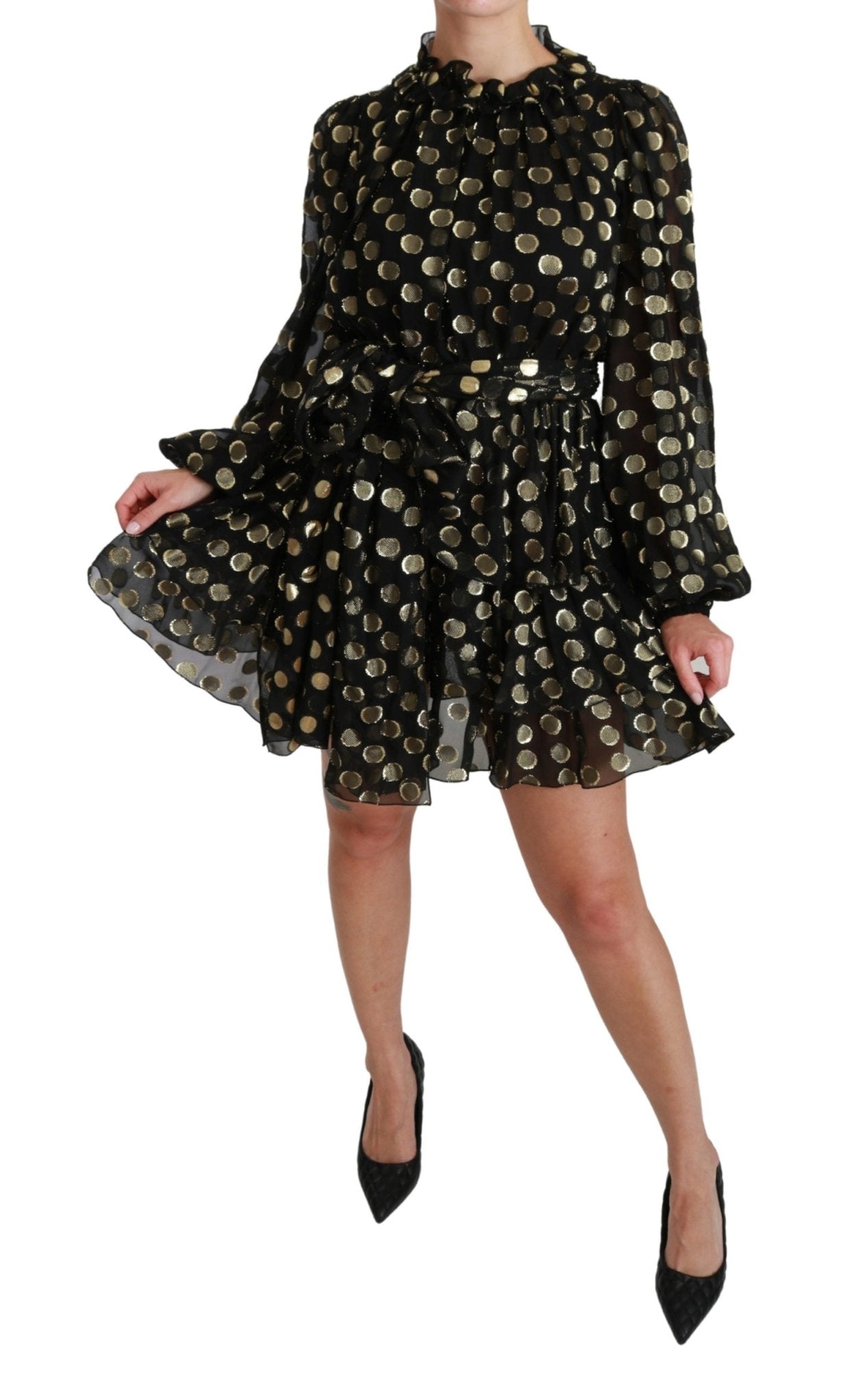 Black Gold Lurex Polka Dots Silk Flared Dress - coffeewithmee2Dolce & GabbanaP2859S